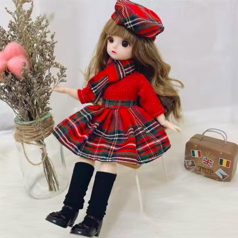 30cm BJD Doll in Plaid Red Dress with Accessories 16 Moveable Parts New